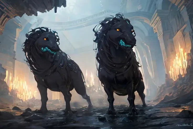 two horses with glowing eyes stand in a ruined city