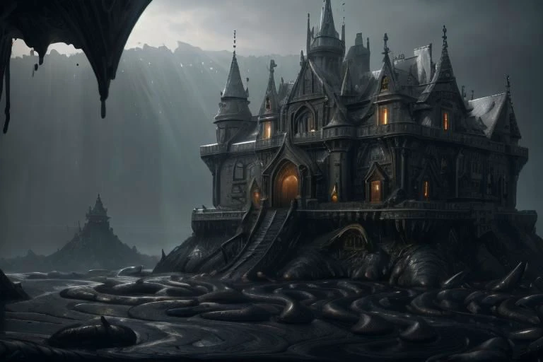 a castle in the middle of a cave with a dark sky