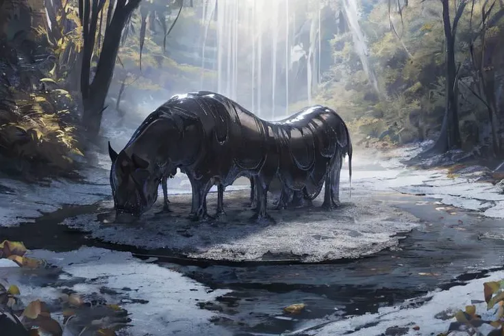 there are three horses standing in a stream of water