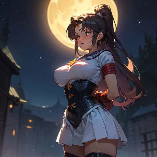 a woman in a short dress standing in front of a full moon