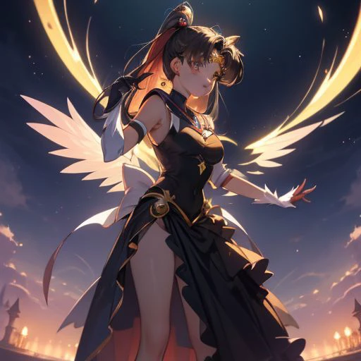 a woman in a black dress with wings standing in front of a moon