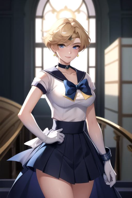 masterpiece, best quality,  sky, clouds, cityscape, smile, looking at viewer, 
,, <lora:sailoruranus-lora-nochekaiser:1> sailor uranus, blonde hair, blue eyes, (parted bangs:1.5), short hair, very short hair,  back bow, blue bow, blue choker, blue gemstone...