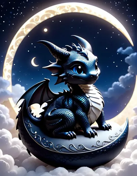 <lora:LunarChibiDragon:1> <lora:CrystalsHeart:1> crystalsheart,lunarchibidragon, sleeping dragon on a crescent moon, black and white scales, night sky, light and dark swirls,, volumetric lighting, etheral, epic detail, 4k, 8k, cute, chibi,