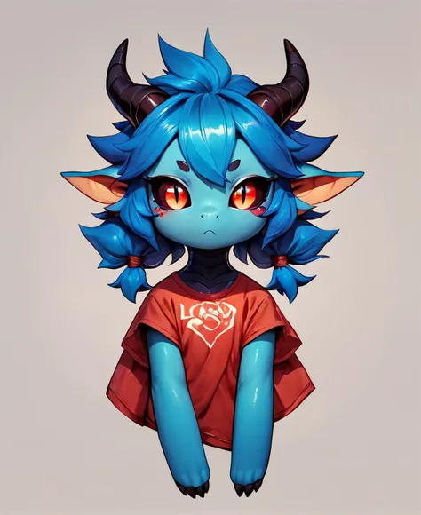 a close up of a cartoon character with horns and a red shirt