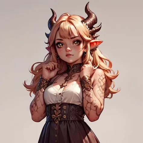 a woman with horns and a dress is posing for a picture