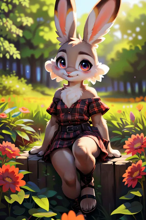 a cartoon bunny sitting on a wooden bench in a field of flowers