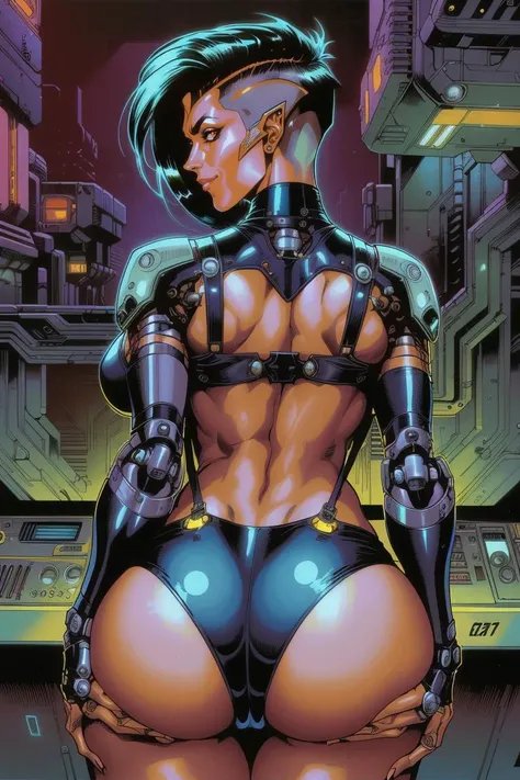 Mature [Cyborg|Dark Elf], mechanical arm, mechanical joints, [annoyed|aroused|grin], standing, seductive pose, androgynous hair, [undercut:0.2], suspenders, big ass, g-string, looking back at viewer, analog technology in background, cyberpunk artwork, comi...