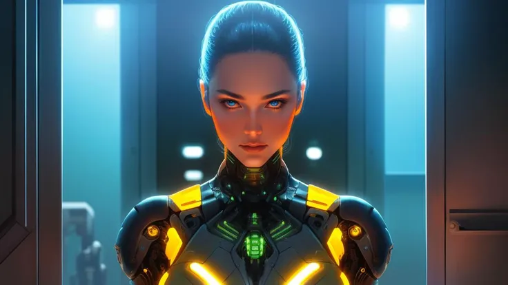 a woman in a futuristic suit stands in front of a door