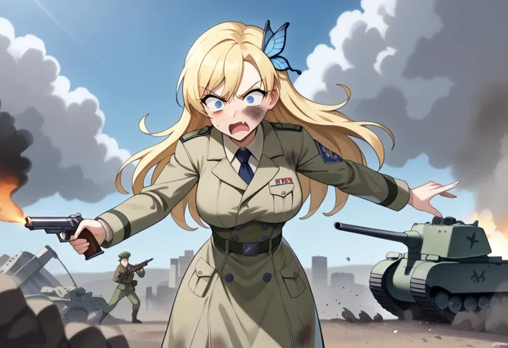 a woman in uniform holding a gun in front of a tank