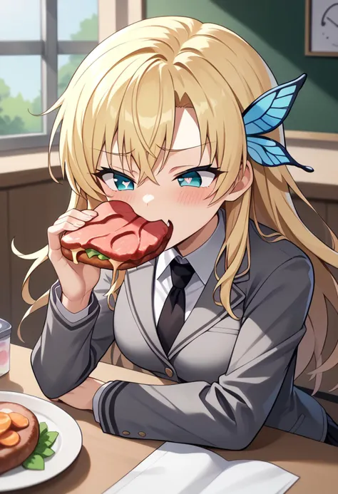 anime girl eating a sandwich at a table with a glass of water