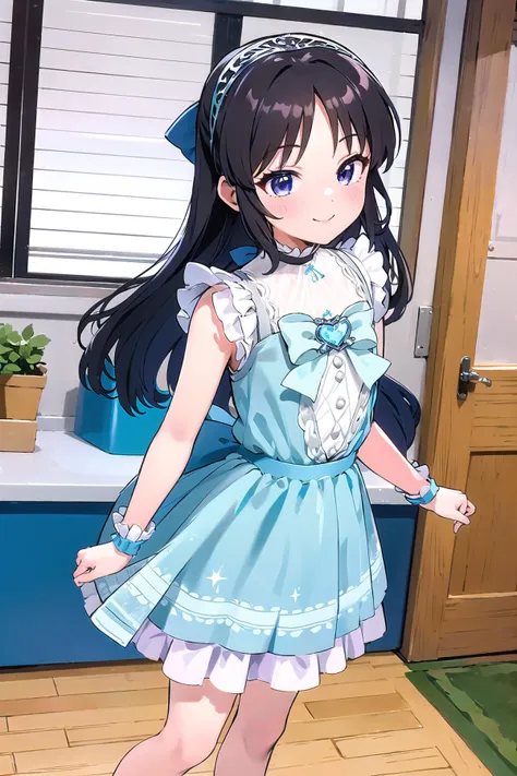 anime girl in a blue dress standing in a kitchen