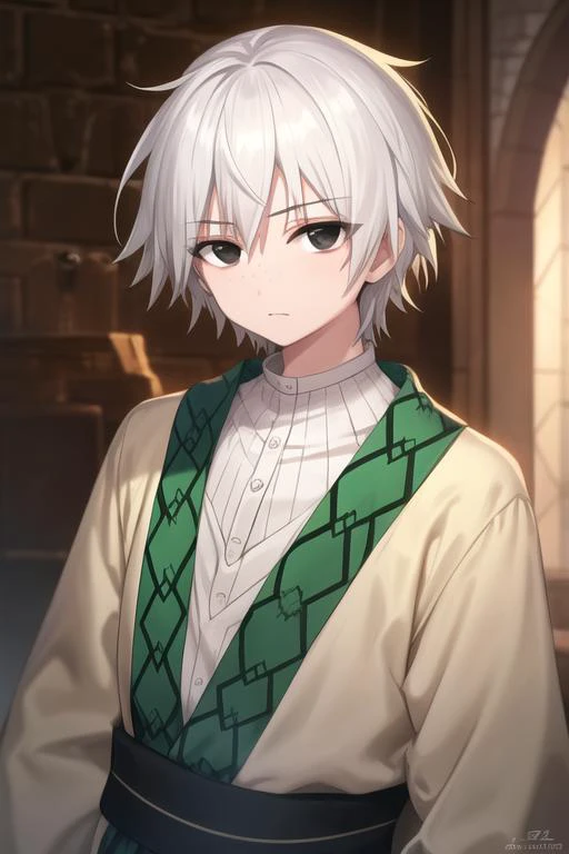 masterpiece, best quality, high quality, 1boy, solo, male focus, looking at viewer, upper body, <lora:jafar_magi:0.78>, jafar_magi, white hair, black eyes, , pajamas