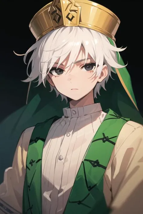 masterpiece, best quality, high quality, 1boy, solo, male focus, looking at viewer, upper body, <lora:jafar_magi:0.52>, jafar_magi, white hair, black eyes, hat, sportswear