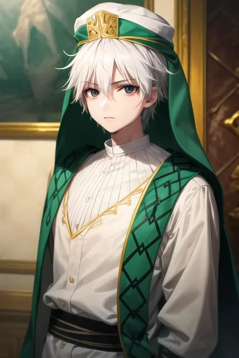 masterpiece, best quality, high quality, 1boy, solo, male focus, looking at viewer, upper body, <lora:jafar_magi:0.70>, jafar_magi, white hair, black eyes, hat, jacket