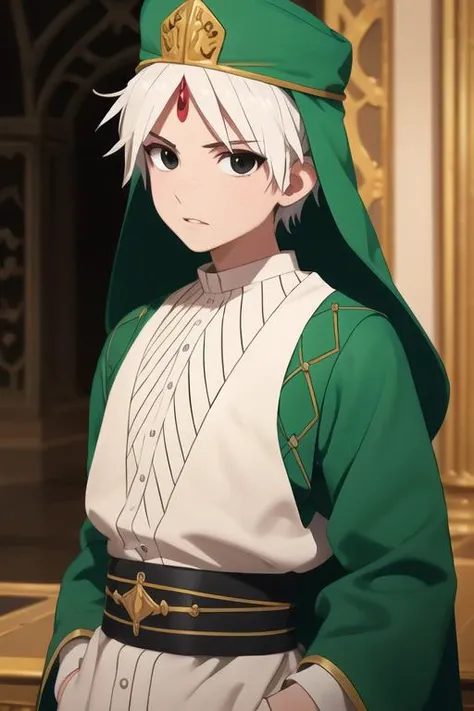 masterpiece, best quality, high quality, 1boy, solo, male focus, looking at viewer, upper body, <lora:jafar_magi:0.58>, jafar_magi, white hair, black eyes, hat,