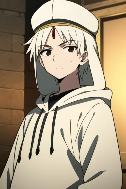 masterpiece, best quality, high quality, 1boy, solo, male focus, looking at viewer, upper body, <lora:jafar_magi:0.60>, jafar_magi, white hair, black eyes, hat, hoodie