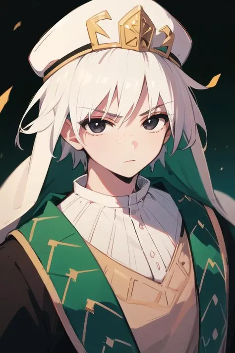 masterpiece, best quality, high quality, 1boy, solo, male focus, looking at viewer, upper body, <lora:jafar_magi:0.62>, jafar_magi, white hair, black eyes, hat, school uniform