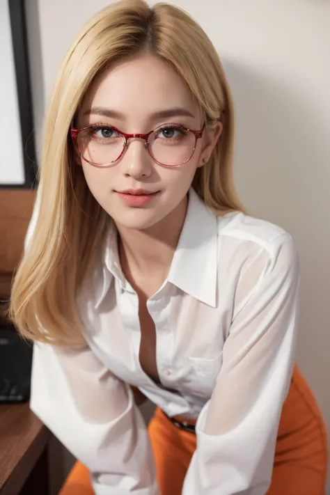 a woman in glasses sitting on a desk with a camera