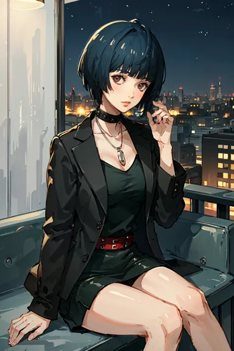 ((masterpiece, best quality))
 <lora:Persona5TaeTakemi:0.8>
Persona5TaeTakemi, 1girl, solo, short hair, black hair, brown eyes, Overlooking the city from a rooftop bar at night, chic outfit, sitting