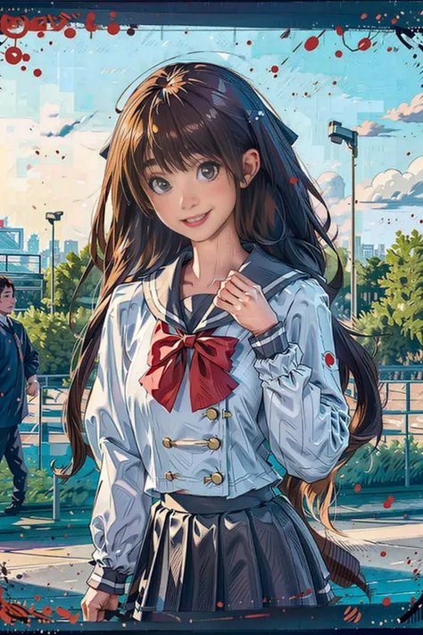 1girl, uranohoshi school uniform, school uniform, long sleeves, pleated skirt, bow, bowtie, sailor collar, skirt, solo, loafers, upper body, (smile:0.7), looking at viewer, long hair, outdoors, noon, streets, sunshine, standing, beautiful face, (cowboy sho...