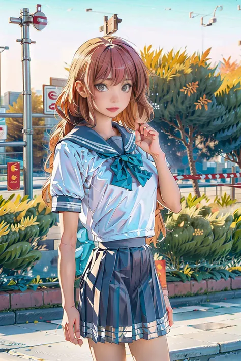 1girl, uranohoshi school uniform, school uniform, short sleeves, pleated skirt, bow, bowtie, sailor collar, skirt, solo, loafers, upper body, (smile:0.7), looking at viewer, long hair, outdoors, noon, streets, sunshine, standing, beautiful face, (cowboy sh...