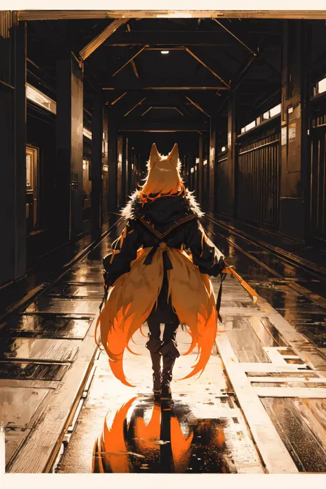 anime character in a dark hallway with a cat on his back