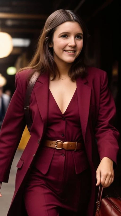 shot of 18 year old carrie fisher_v1 ((suit)), smiling, walking down a street, (1970s) extremely high quality raw photograph, de...