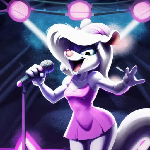 Minerva Mink (Animaniacs), <lora:Idol-16:1>, Idl, microphone, holding microphone, singing, stage, neon lights, best quality, masterpiece, highres