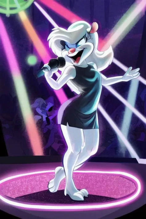 Minerva Mink (Animaniacs), <lora:Idol-16:1>, Idl, microphone, holding microphone, singing, stage, neon lights, best quality, masterpiece, highres