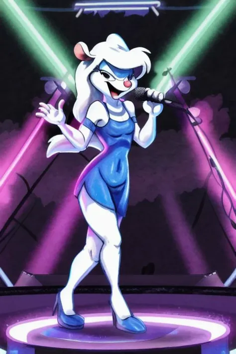 Minerva Mink (Animaniacs), <lora:Idol-16:1>, Idl, microphone, holding microphone, singing, stage, neon lights, best quality, masterpiece, highres