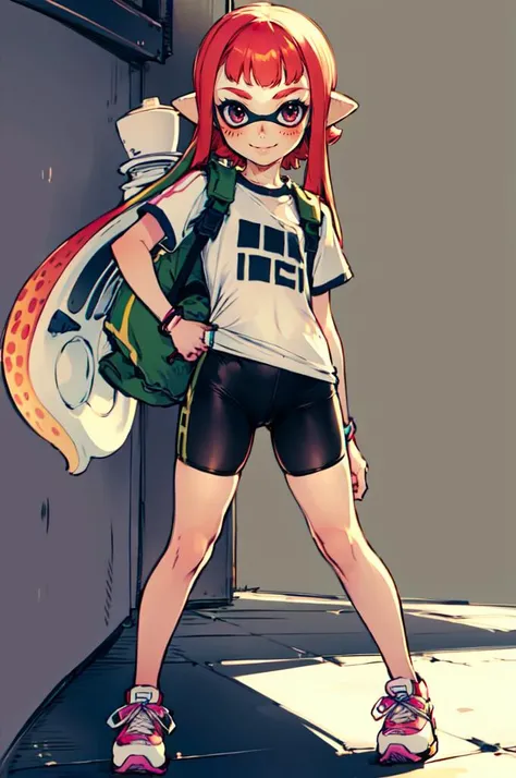 solo, smile,  <lora:Inkling_Girl_SPLAT1:0.65> inkgirl1, splatoon 1, inkling girl, shirt, bike shorts, t-shirt, sneakers,   <lora:style3:1> style3,, absurdres, ultra detailed, masterpiece, best quality, aesthetic, detailed,