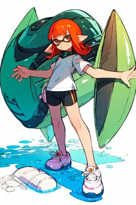 solo, smile,  <lora:Inkling_Girl_SPLAT1:0.65> inkgirl1, splatoon 1, inkling girl, shirt, bike shorts, t-shirt, sneakers,   <lora:NakayamaTooru:1> sketch, mecha,, absurdres, ultra detailed, masterpiece, best quality, aesthetic, detailed,