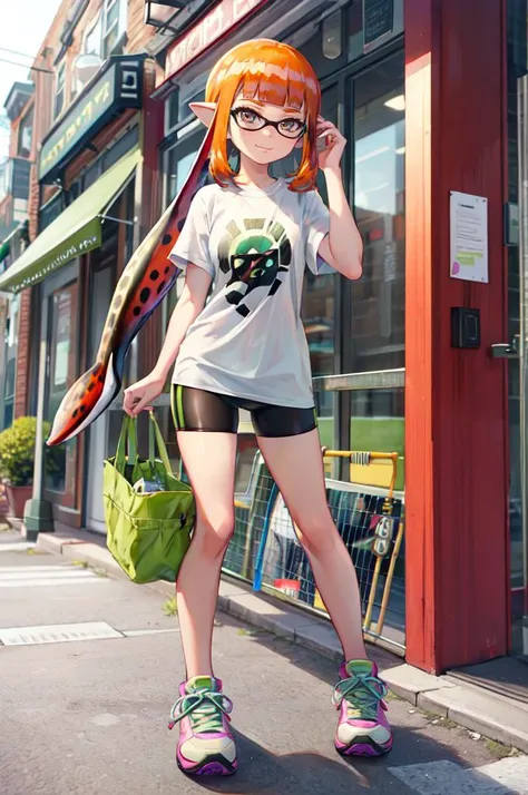 solo, smile,  <lora:Inkling_Girl_SPLAT1:0.65> inkgirl1, splatoon 1, inkling girl, shirt, bike shorts, t-shirt, sneakers,    <lora:TorinoV71:1>, absurdres, ultra detailed, masterpiece, best quality, aesthetic, detailed,