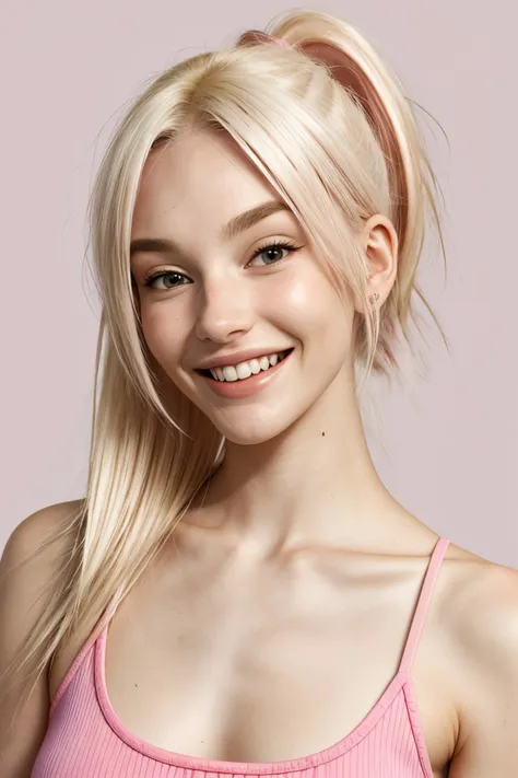 a close up of a woman with blonde hair and a pink top