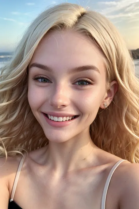 a close up of a woman with blonde hair on a beach