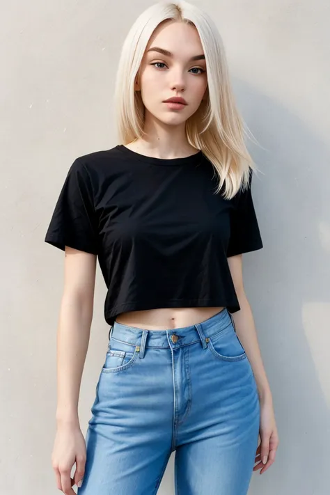 a woman in a black crop top and jeans posing for a picture