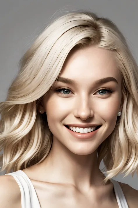 a woman with blonde hair and blue eyes smiling