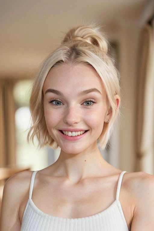 a close up of a woman with a white top and a smile