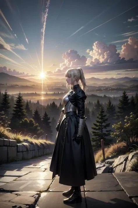 generate an evocative image of the woman knight, positioned against a breathtaking landscape, her yellow hair flows in the wind, creating a dynamic and captivating scene, the knight, adorned in an elegant suit of armor, stands atop a majestic cliff overloo...