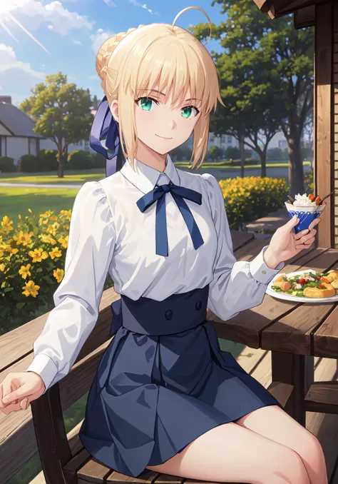 best quality, masterpiece, phSaber, phAltoria, 1girl, solo, sitting, blue ribbon, cup, skirt, smile, shirt, food, looking at viewer, blue skirt, holding, white shirt, long sleeves, french braid, hair bun, day, high-waist skirt, neck ribbon, short hair, out...