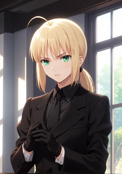 best quality, masterpiece, phSaber, phAltoria, 1girl, solo, gloves, formal, suit, necktie, ponytail, black gloves,<lora:saber_v1:0.9>