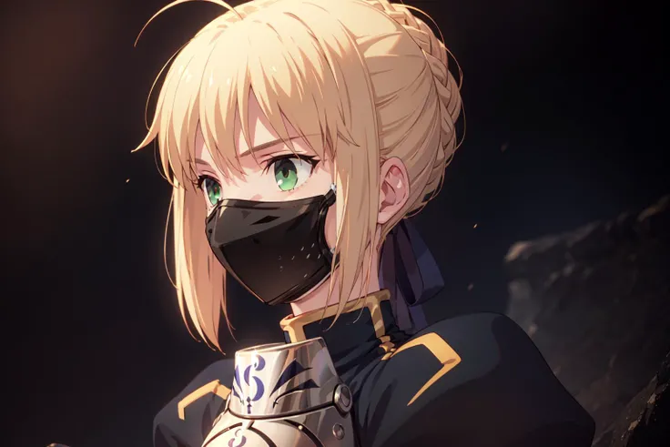 <lora:saber_v1:0.9>, phAltoria, phSaber, green eyes, masterpiece, best quality, ultra detailed, detailed face, beautifully detailed eyes, (photorealistic), 3d face, detailed hands, braid, puffy sleeves, puffy short sleeves, short sleeves, (black mouth mask...