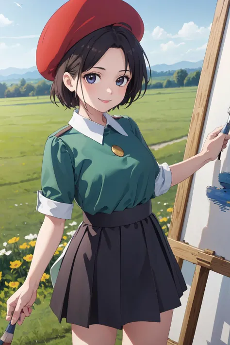 masterpiece,best quality,1girl,adeleine,standing,red hat,short hair,black hair,green blouse,facing viewer,in field,long skirt,holding large paintbrush,smiling <lora:adeleine:0.8>