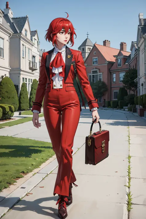 anime - style woman in red suit walking down a sidewalk with a briefcase