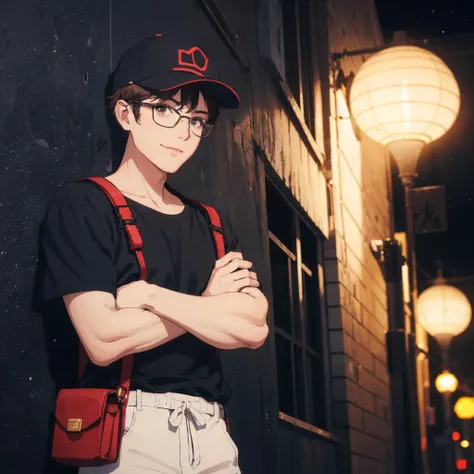 1boy, 22 year old man leaning against the wall, masterpiece, best quality, high quality, absurdres, 4K, highly detailed, high detailed faces, bright eyes, streets of Tokyo, ((nightime:1.3)), smile, crossed arms, looking at viewer, dad cap, ((circle glasses...