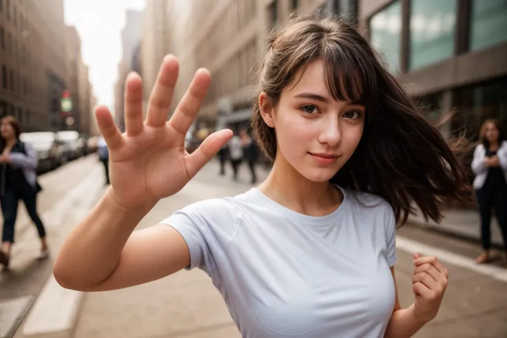 photo of a 18 year old girl,rock paper scissors,happy,looking at viewer,shirt,pants,outdoor,windy,street,crowded,new york,ray tr...