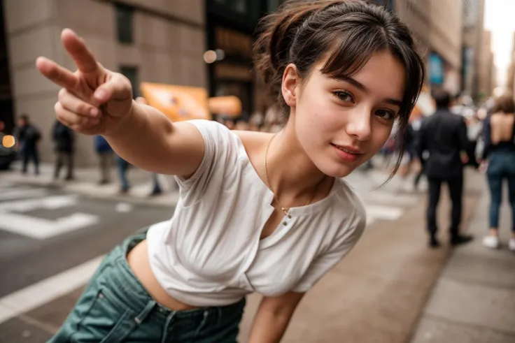 photo of a 18 year old girl,rock paper scissors,happy,looking at viewer,shirt,pants,outdoor,windy,street,crowded,new york,ray tr...