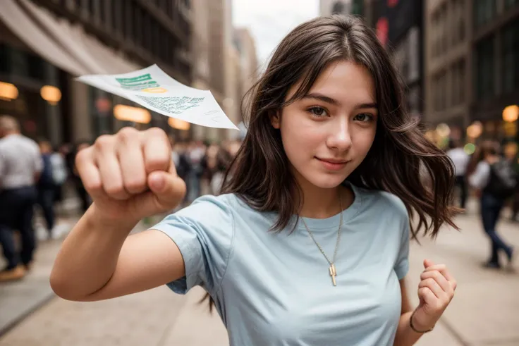 photo of a 18 year old girl,rock paper scissors,happy,looking at viewer,shirt,pants,outdoor,windy,street,crowded,new york,ray tr...