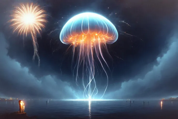 fireworkart, jellyfish made of fireworks,  (surreal environment:1.3), no characters , <lora:Firework_Art:1> by ralph mcquarrie, stephen king, gerald brom, martin parr, 8k resolution, trending on artstation