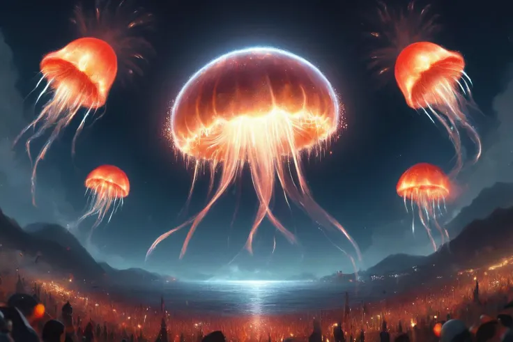 fireworkart, jellyfish made of fireworks,  (surreal environment:1.3), no characters , <lora:Firework_Art:1> backgroundcolor # red #000000000000f693a6693bdf #f3febd6a9693 #f6f6fc #ff3f693f6 #ff7bb4, #ff7fd796a, flame, horror, art by greg rutkowski, #santium...